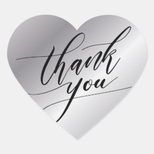 Elegant Black And Silver Modern Script Thank You Heart Sticker