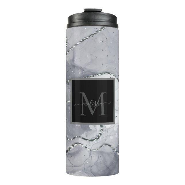 Elegant Black and Silver Monogram Name Thermal Tumbler (Front)