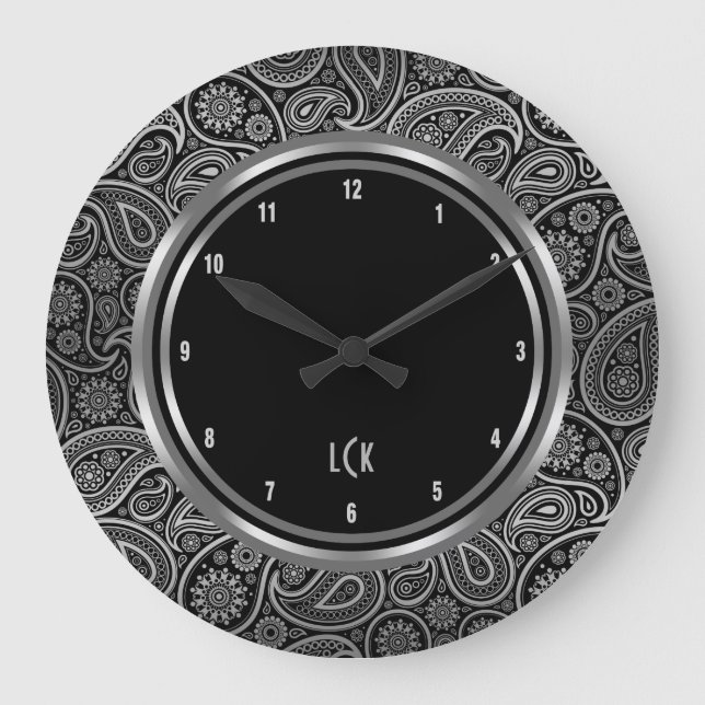 Elegant Black And Silver Paisley Circle Frame Large Clock (Front)