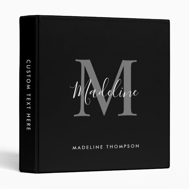Elegant Black and Silver Script Simple Monogram Binder (Front/Spine)