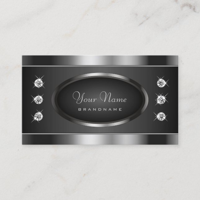 Elegant Black and Silver Sparkling Chrome Effect  Business Card (Front)