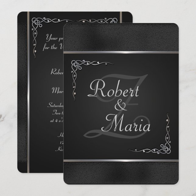 Elegant Black and Silver Wedding Invitations (Front/Back)