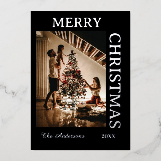  Elegant Black and SilverFoil Holiday Photo Card (Front)