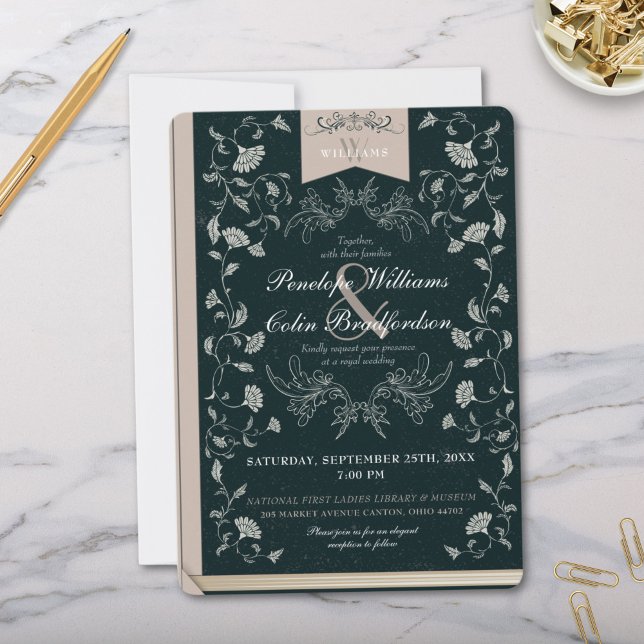 Elegant Black and Tan Floral Book Cover Wedding Invitation (Elegant Black and Tan Vintage Floral Book Cover Wedding Invitations for Library or Formal Fairytale)