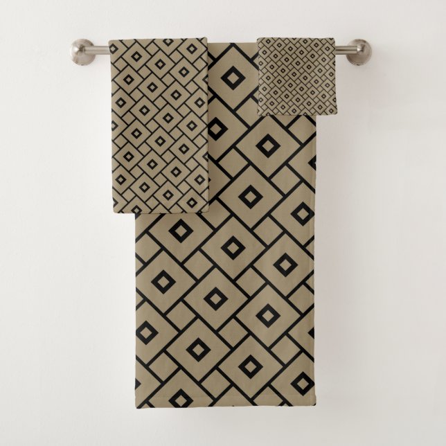 Elegant Black and Tan Geometric Bath Towel Set (Insitu)
