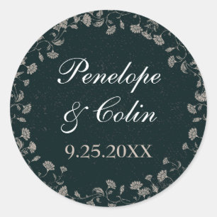 Elegant Black and Tan Vintage Floral Name Date Classic Round Sticker