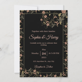 Elegant Black and Tea Pink Floral Wedding  Invitation