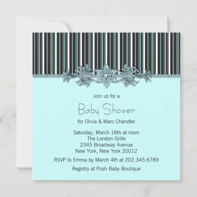 Elegant Black and Teal Blue Stripe Baby Shower Invitation (Front)