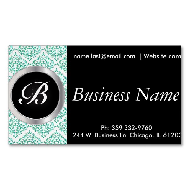 Elegant Black and Teal Damask Magnetic Business Card (Front)