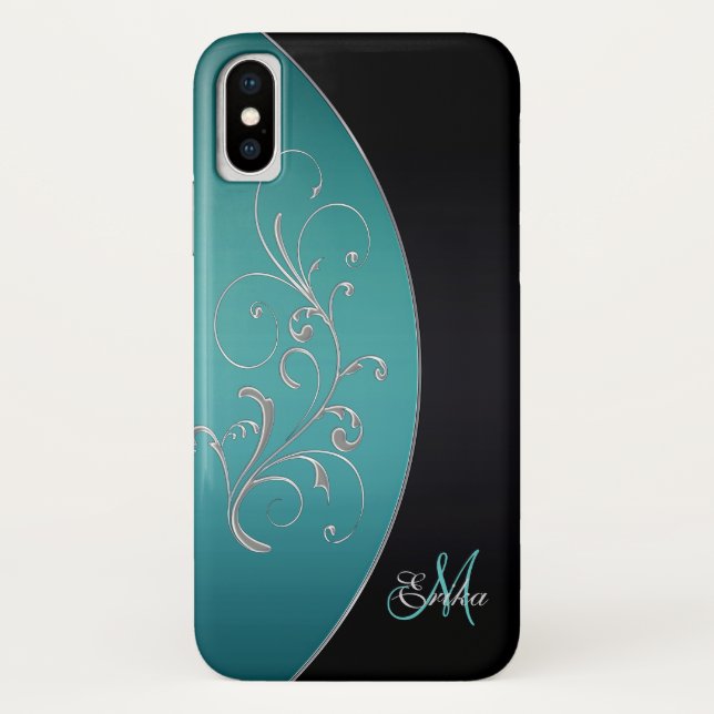Elegant Black and Teal Monogram iPhone X Case (Back)