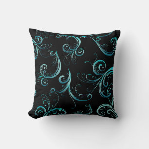 Elegant Black and Turquoise Floral Pattern Throw Pillow