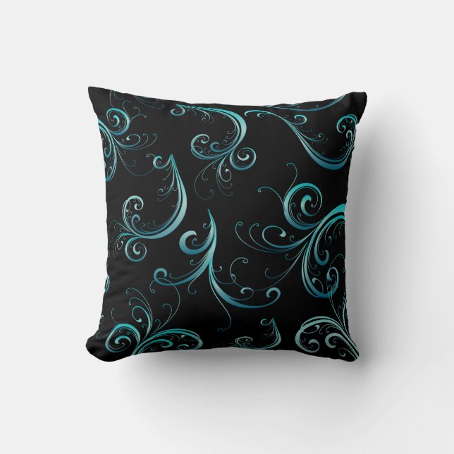 Elegant Black and Turquoise Floral Pattern Throw Pillow (Front)