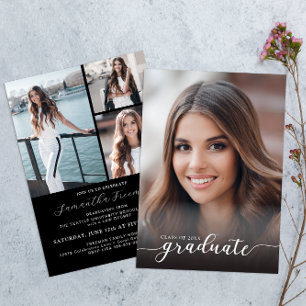 Elegant Black and White 4-Photo Graduation Party  Invitation