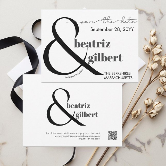 Elegant Black and White Ampersand Save the Date (Modern clean ampersand wedding save the date in classic black and white)