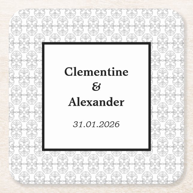 Elegant Black and White Art Deco Style Square Paper Coaster (Front)