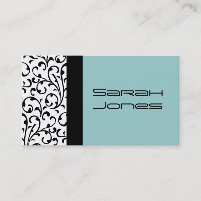 Elegant Black and White Blue Damask Busines Card (Front)