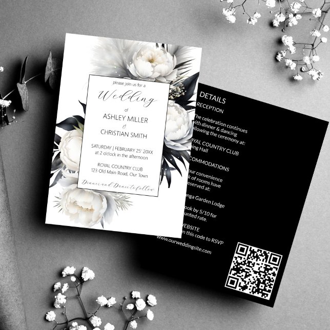 Elegant Black and white boho all in one wedding Invitation (Elegant Black and white boho flower all in one wedding editable template Invitation digital download)
