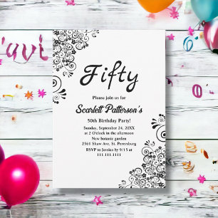 Elegant Black And White Boho Floral 50th Birthday Invitation