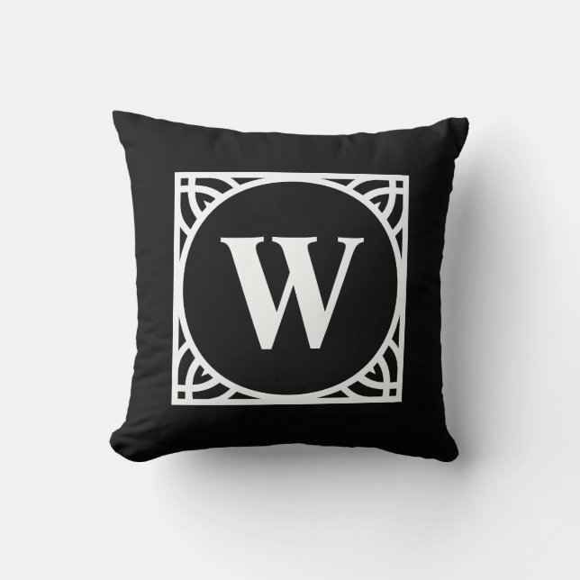 Elegant black and white Border Monogram Throw Pillow (Front)