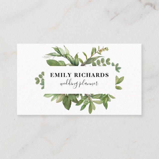 Elegant black and white botanical leaves script business card (Front)
