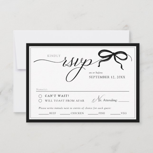 Elegant Black and White Bow Simple Classic Wedding RSVP Card (Front)