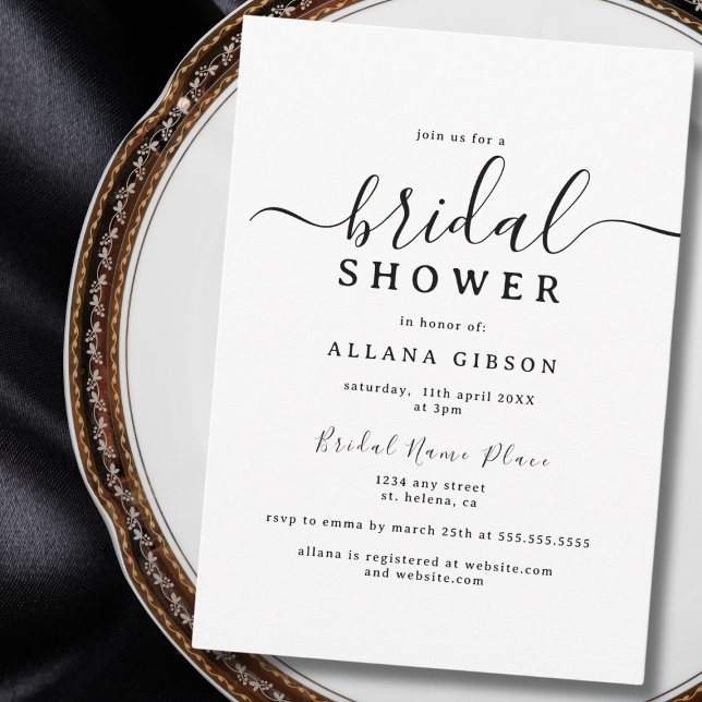 Elegant Black and White Bridal Shower Invitation (Elegant black-and-white bridal shower invitation placed on a decorative plate.)