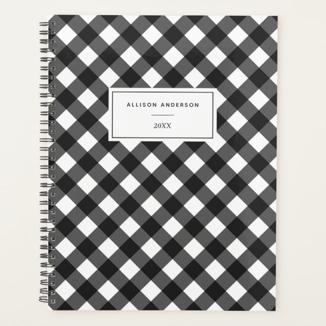 Elegant Black and White Buffalo Plaid Planner (Front)