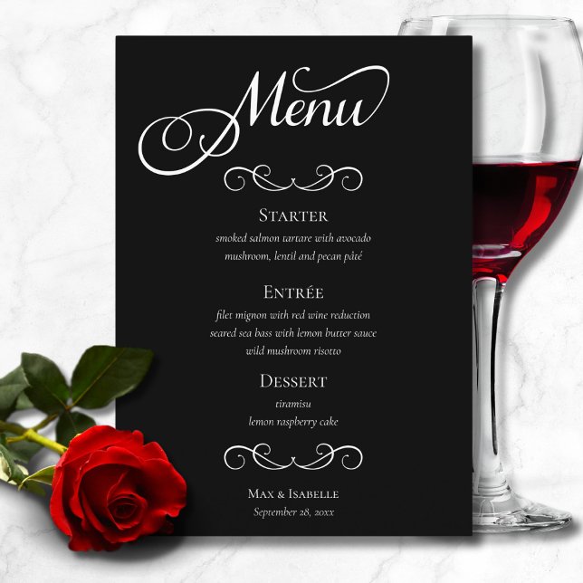 Elegant Black and White Calligraphy Script Wedding Menu (chic elegant black and white script calligraphy wedding dinner menu, engagement party menu)