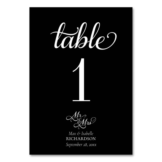 Elegant Black and White Calligraphy Wedding Table Number (Front)