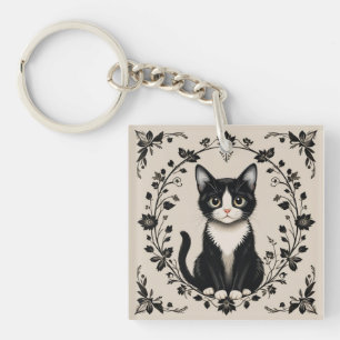 Elegant Black and White Cat Keychain