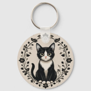 Elegant Black and White Cat Keychain