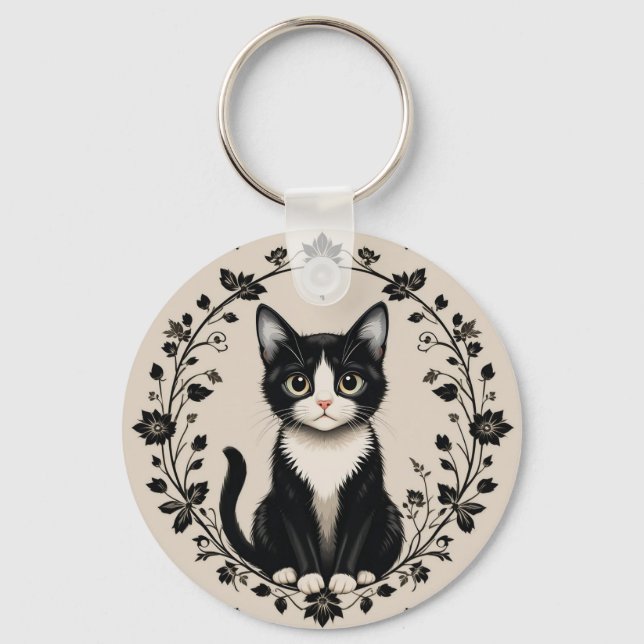 Elegant Black and White Cat Keychain (Front)
