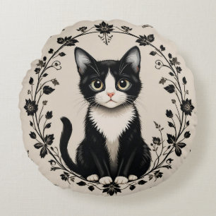 Elegant Black and White Cat Round Pillow
