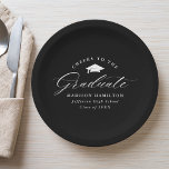 Elegant Black and White Cheers to the Graduate Paper Plate<br><div class="desc">Elegant graduation paper plates featuring a graduation cap with the phrase "Cheers to the Graduate" in a white calligraphy script on a black background. Personalize the modern graduation paper plates with the graduate's name, school name, and graduation year. The simple graduation plates are perfect to use for your high school...</div>