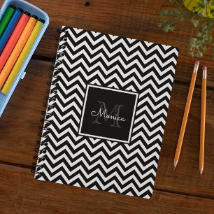 Elegant Black and White Chevron Monogram Notebook