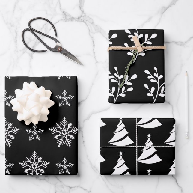 Elegant Black and White Christmas Elements  Wrapping Paper Sheet (Front)