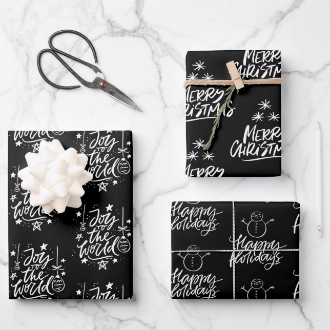 Elegant Black and White Christmas Quotes Gift Wrapping Paper Sheet (Front)