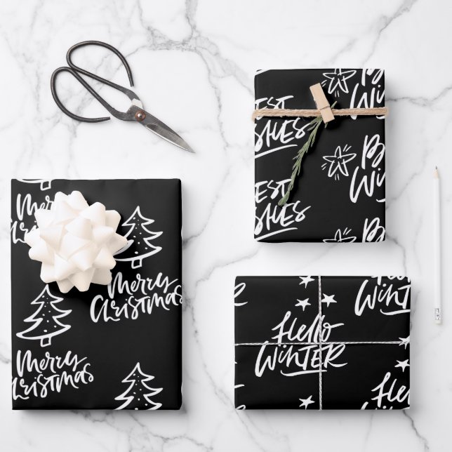Elegant Black and White Christmas Quotes Gift Wrapping Paper Sheet (Front)
