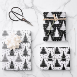 Elegant Black and White Christmas Tree Pattern Wrapping Paper Sheet