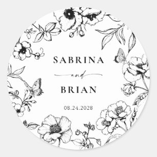Elegant Black And White Classic Floral Wedding  Round Sticker
