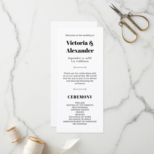 Elegant Black and White Classic Wedding  Program (Front/Back In Situ)