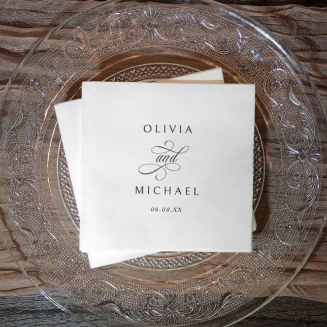 Elegant Black and White Classy Minimalist Wedding Napkin (Elegant black and white calligraphy wedding napkins - personalized with names and wedding date.)