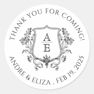 Elegant Black and White Crest Monogram Thank You C Classic Round Sticker