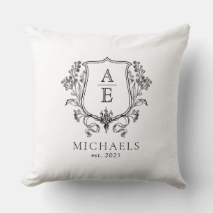 Elegant Black and White Crest Monogram Throw Pillow