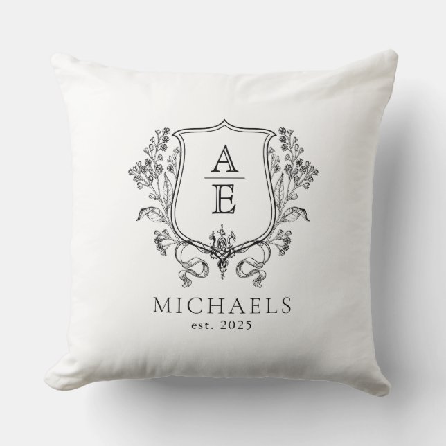 Elegant Black and White Crest Monogram  Throw Pillow (Front)