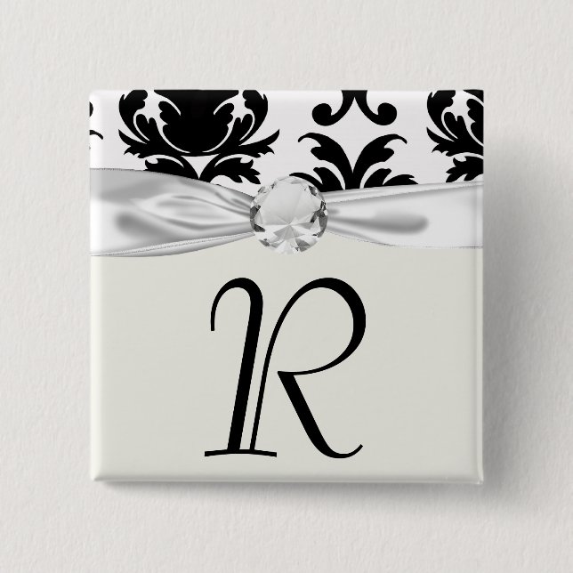 elegant black and white damask 2 inch square button (Front)