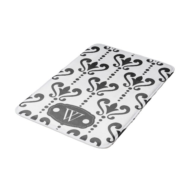 Elegant Black and White Damask Monogram Bath Mat (Angled)