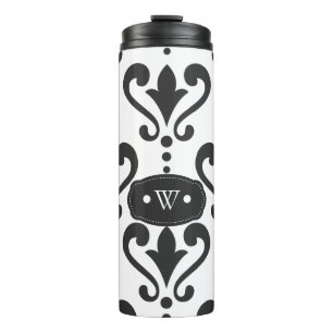 Elegant Black and White Damask Monogram Thermal Tumbler