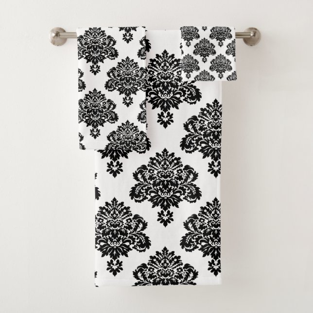 Elegant Black and White Damask Pattern Bath Towel Set (Insitu)