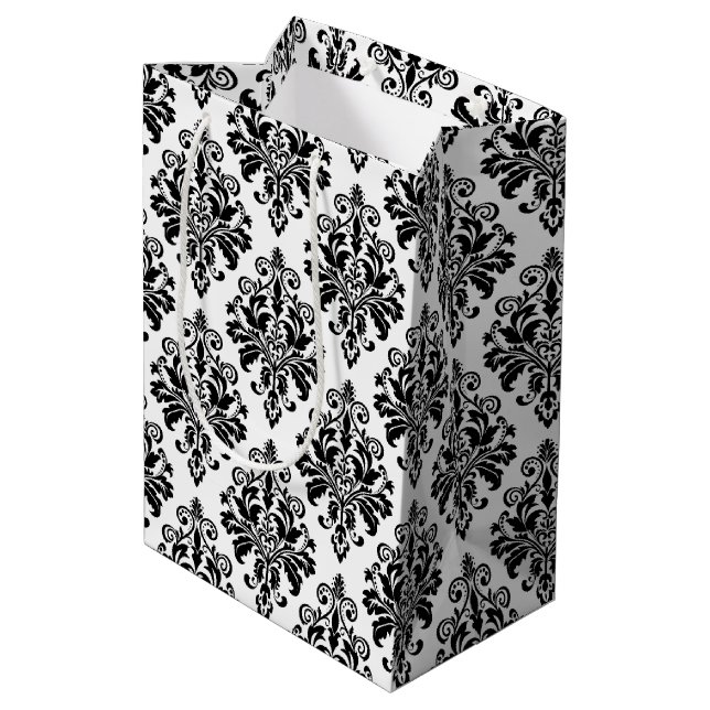 Elegant Black and White Damask Pattern Medium Gift Bag (Back Angled)